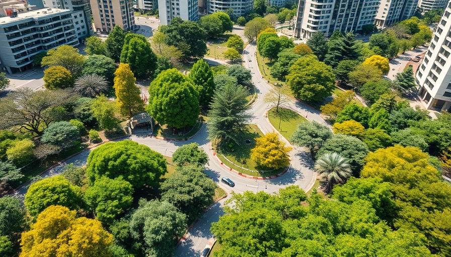 Sustainable landscaping in an urban park with diverse greenery and urban structures.