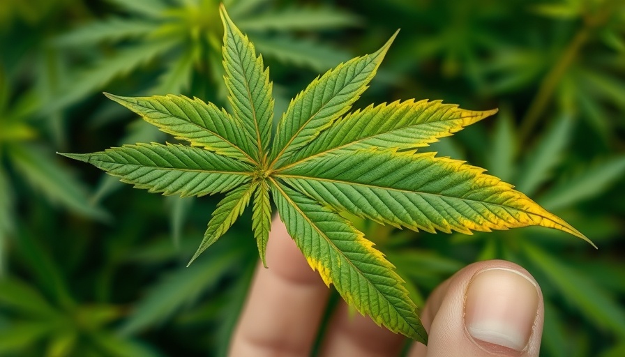 Cannabis leaf with chlorosis in a garden setting