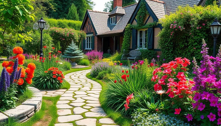 Cottage-style landscaping with vibrant flower garden and stone path.