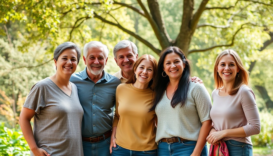 Smiling group in garden, vibrant clothes, lush greenery, natural light