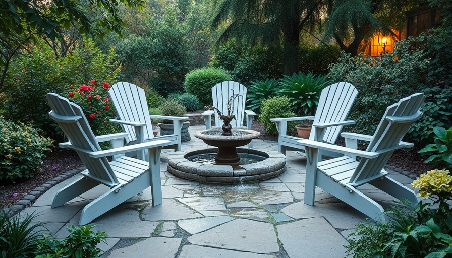 Beautiful garden setting with Adirondack chairs and waterfall.