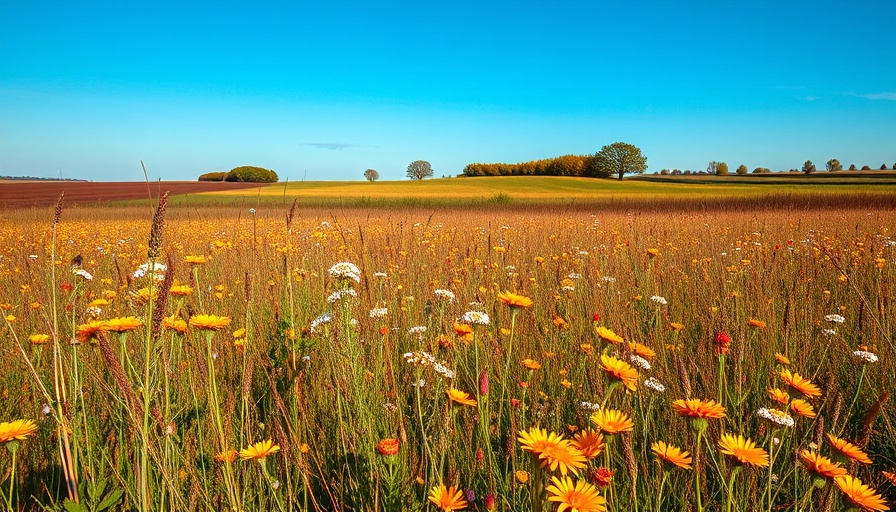 Hempstead Plains Preserve lush meadow bursting with wildflowers under bright sky.