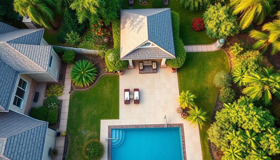 Expansive aerial view of backyard with pool and patio, outdoor living.