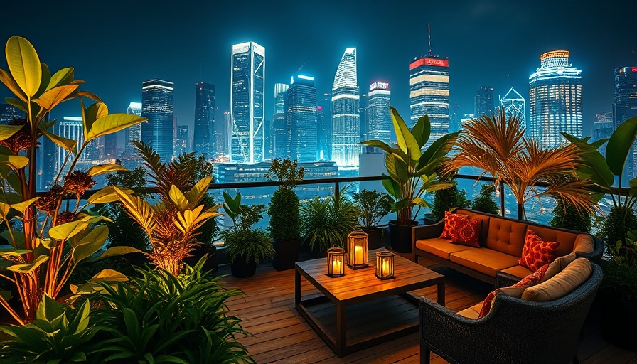 Illuminated rooftop garden at night with city skyline, vibrant plants and decor