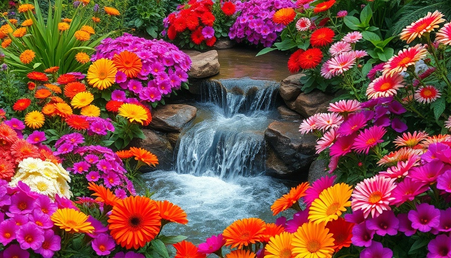 Vibrant spring flowers garden with a small waterfall.