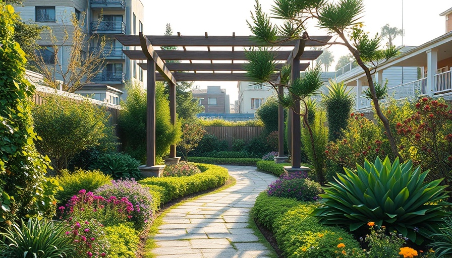 Beautiful urban garden designed by contractors featuring stone paths.