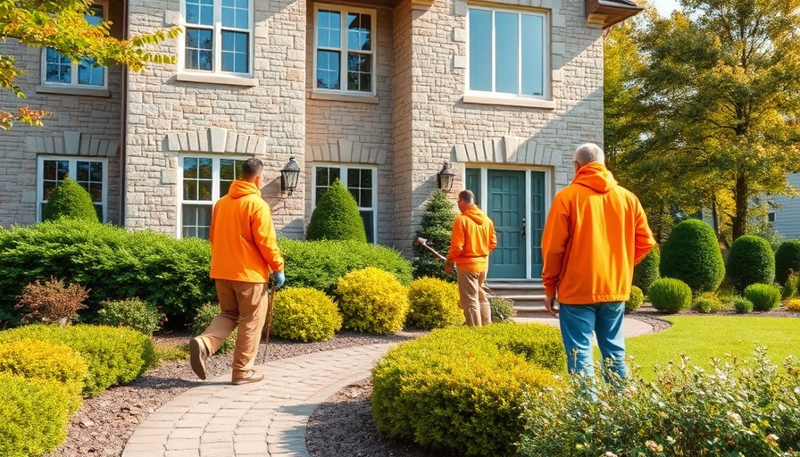 Long Island Landscape Design team preparing garden in front of a stone house.