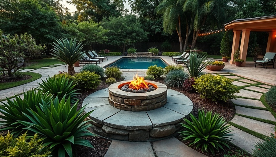 Luxurious Long Island landscape design with fire pit and pool.