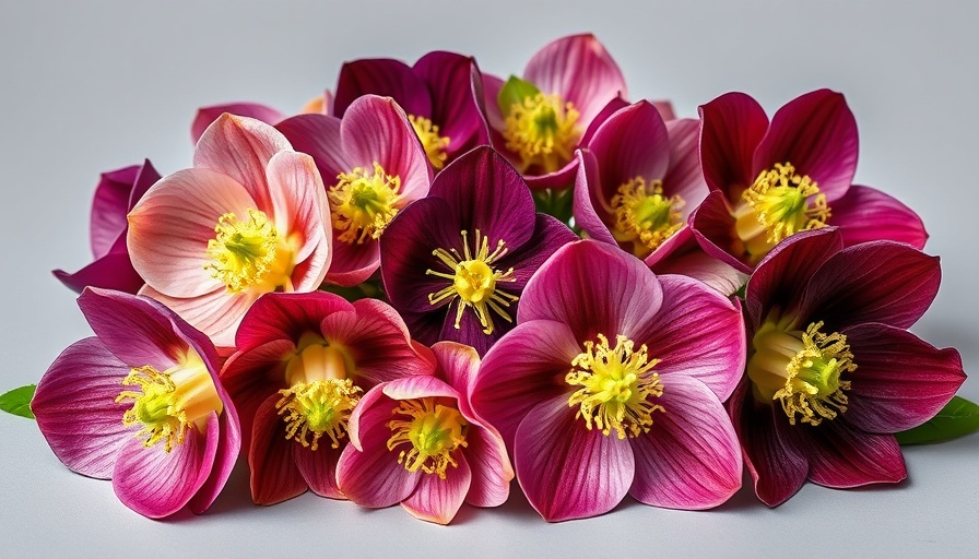 Colorful hellebore flowers arranged closely for low maintenance landscaping.