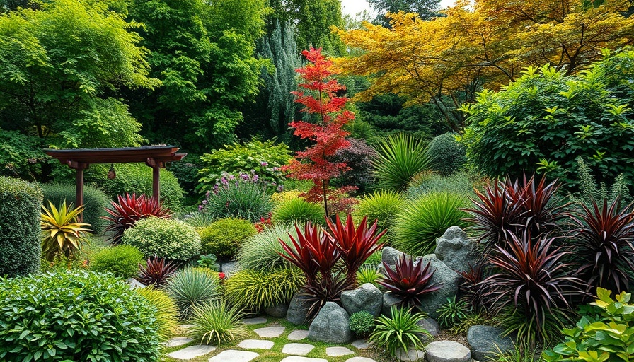 Lush green layered garden showcasing diverse plant life