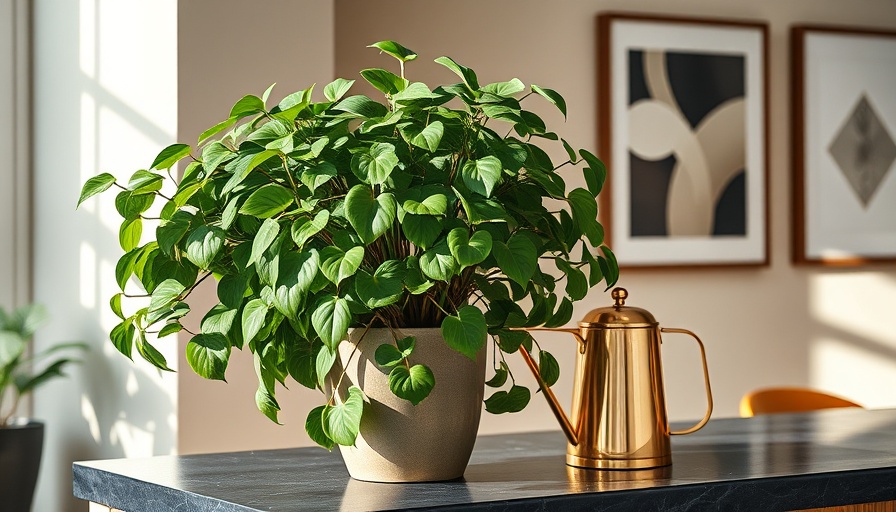 Elegant watering houseplants scene with potted plant and brass can.