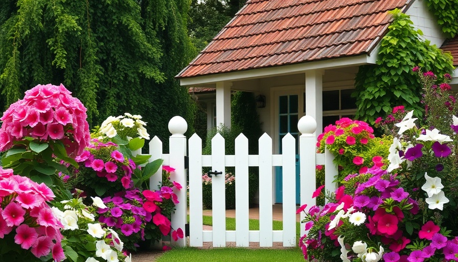 Charming garden gate ideas with vibrant flowers and cottage backdrop.