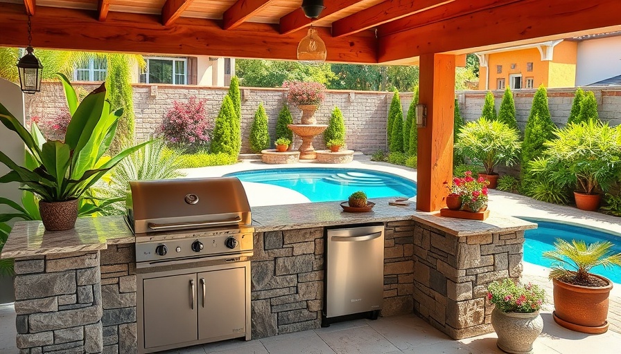 Charming outdoor kitchenette ideas with pool and stone counter.