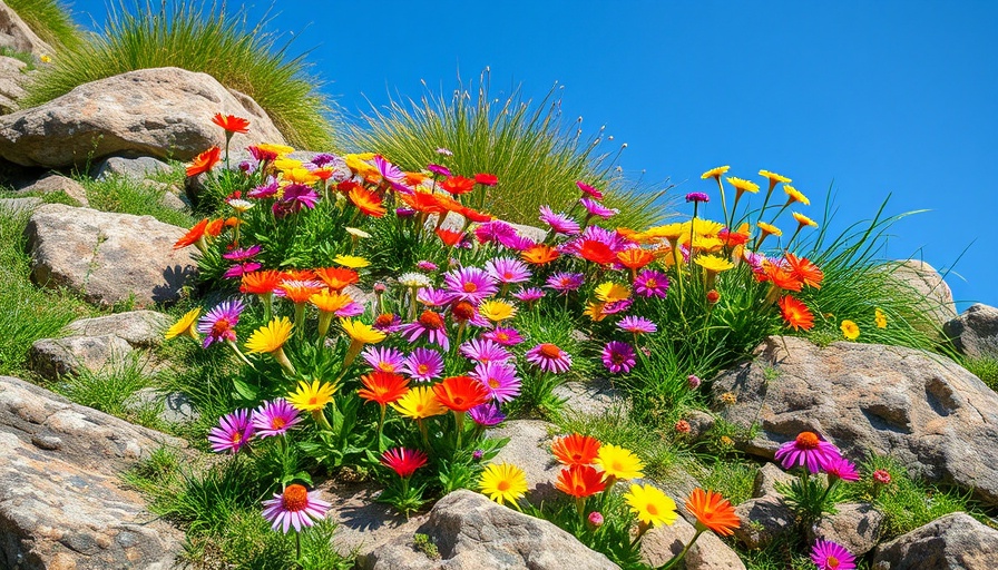 Wildflowers thriving in a rock garden under blue skies.