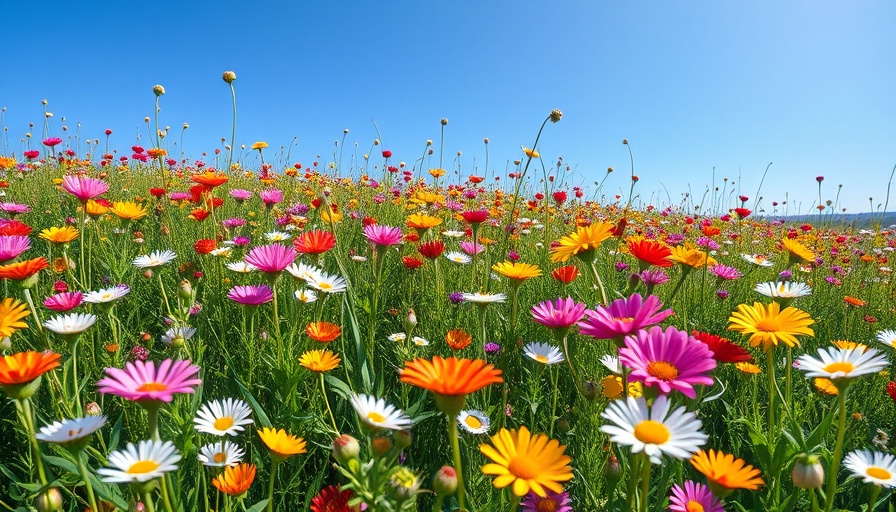 Colorful wildflower meadow in bright sunlight, vibrant nature scene.