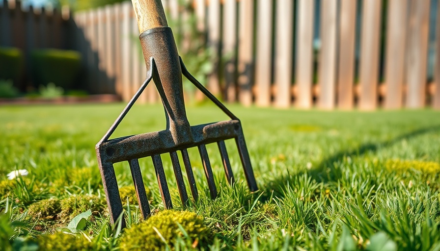 Rake removing moss from lawn for optimal care.