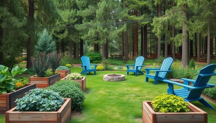 Sustainable vegetable gardening with planters and Adirondack chairs.