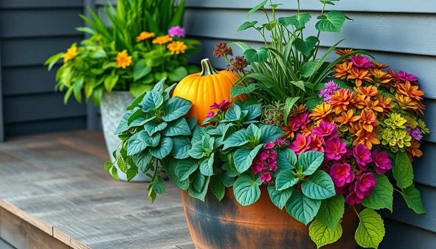 Vibrant creative container gardens on a porch with diverse plants.