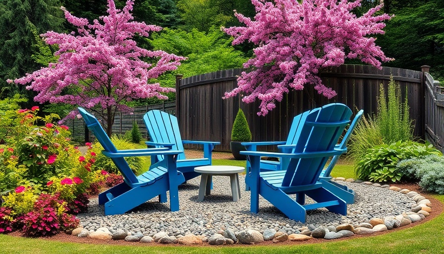 Vibrant garden scene with blue chairs and a pink flowering tree.