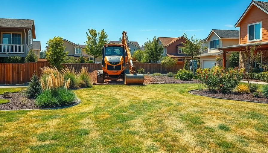 Residential area with construction machinery, eco-friendly gardening prep