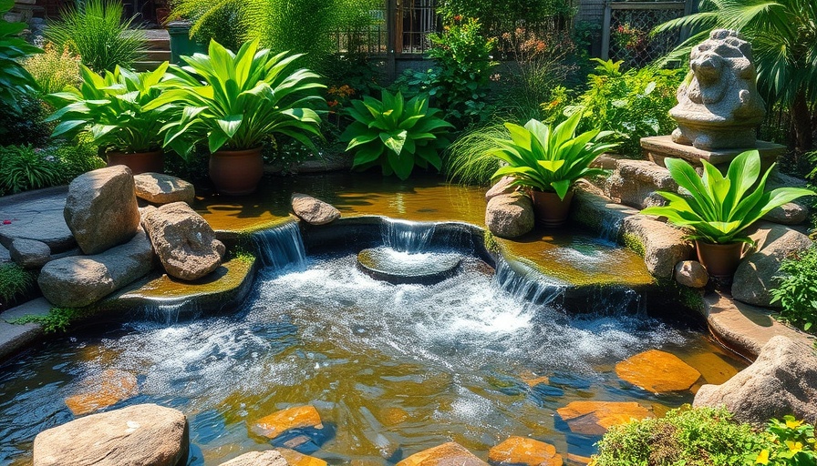 Serene garden pond with cascading water and lush greenery, ideal for pond cleaning maintenance illustration.