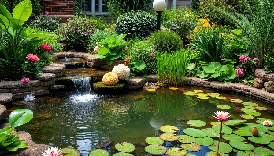 Tranquil garden pond with waterfall and lush greenery.