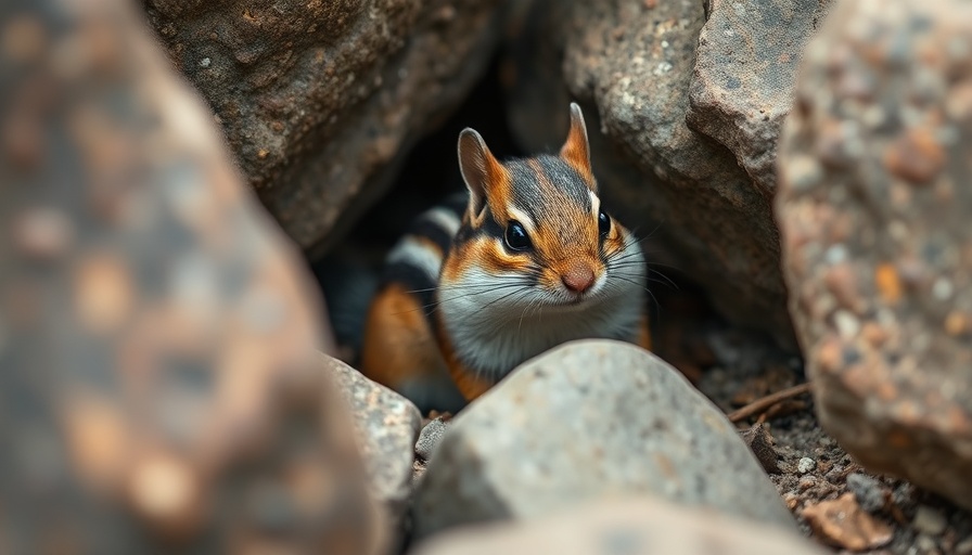 Chipmunk perched between rocks; rodents can damage your water feature.