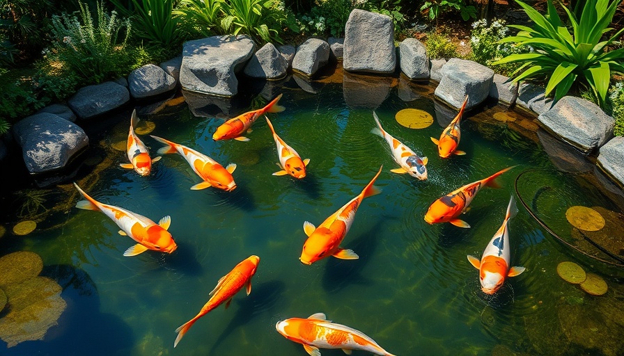 Serene pond design with koi fish surrounded by greenery.