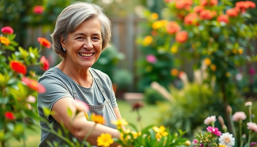 Yard work boosts mental health in lush garden setting.