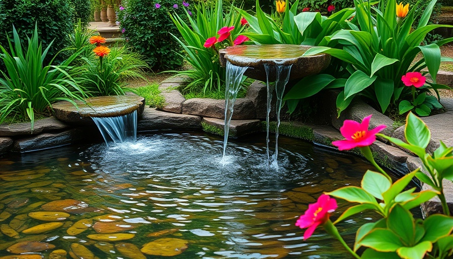 Serene outdoor water feature, lush garden design, vibrant plants.