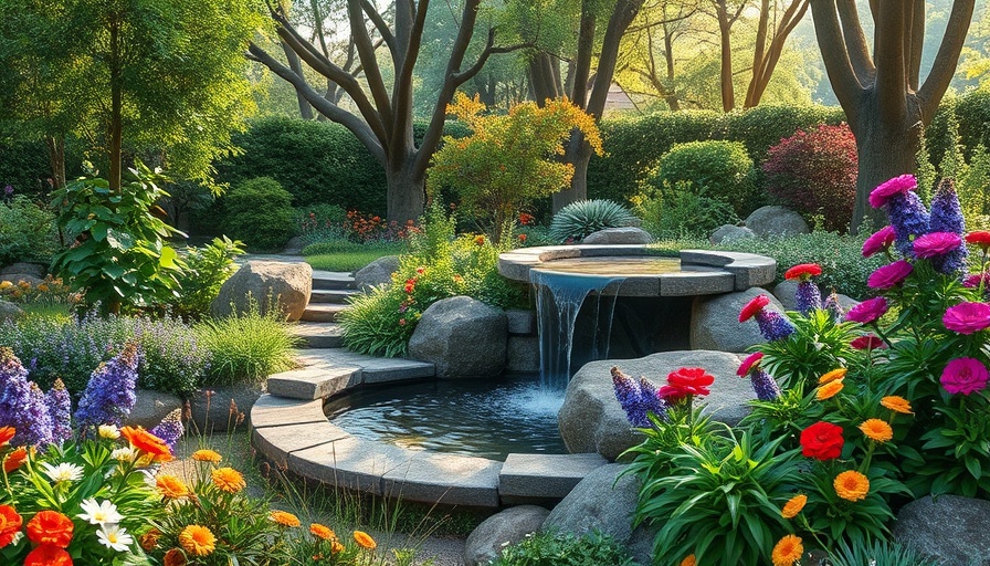 Serene garden with outdoor waterfall installation