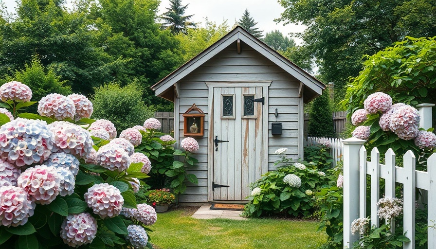 Rustic garden shed with hydrangeas - Garden Shed Ideas for Outdoor Space.