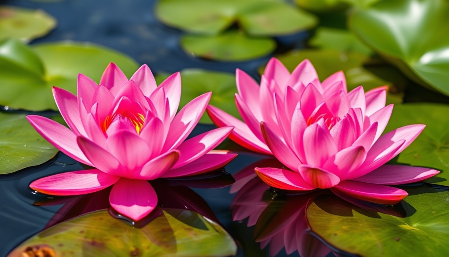 Vibrant pink waterlilies in Long Island pond.