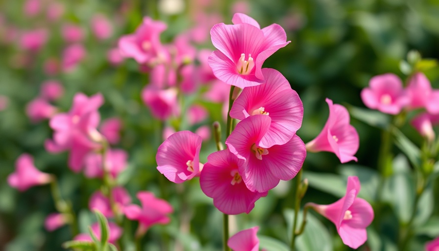 Pink sweet pea flowers blooming in a lush garden setting on Long Island.