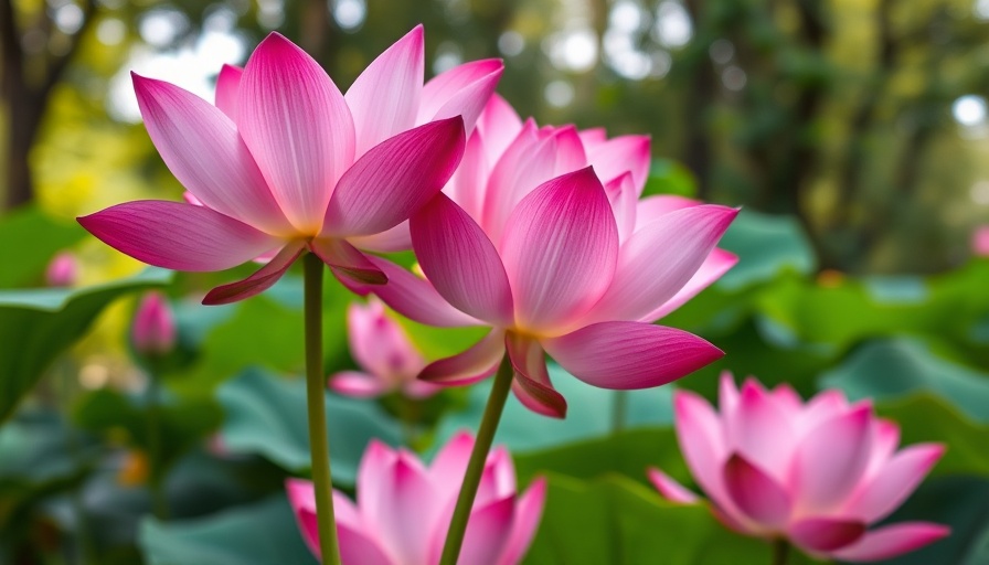 Vibrant pink lotus flowers in serene garden setting.