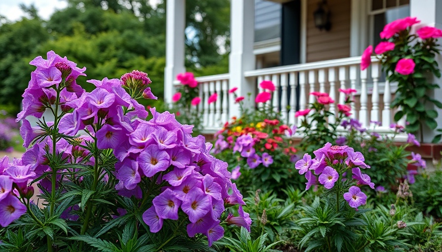 Purple front yard garden ideas with vibrant blooms by a porch.