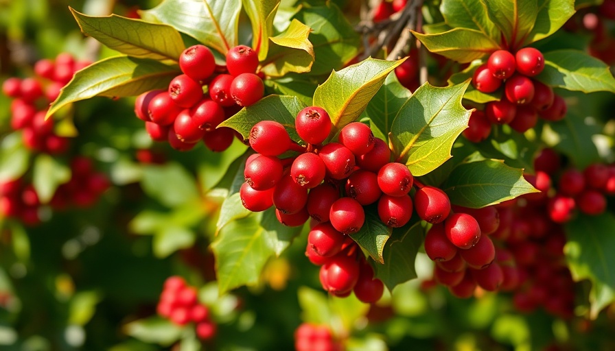 Vibrant red berry bush with glossy green leaves in sunlight.