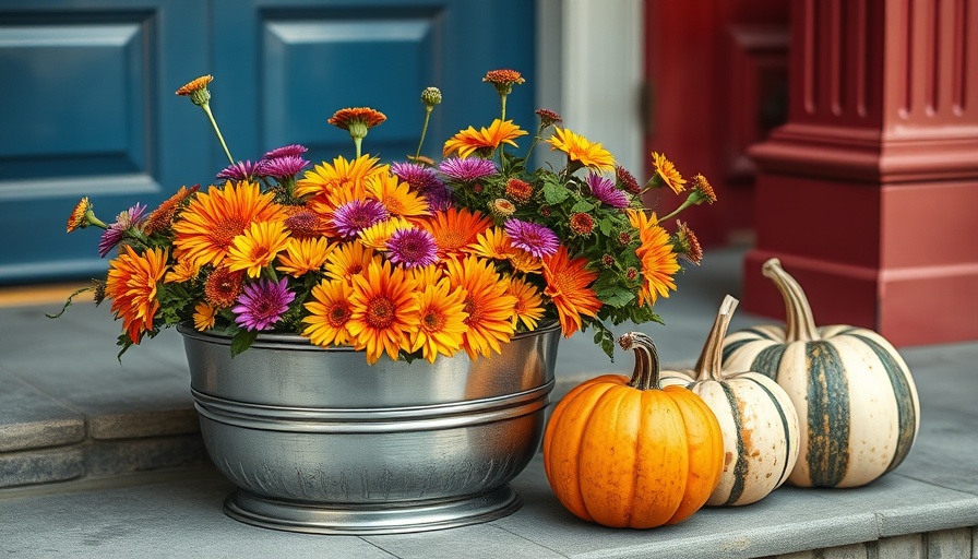 Charming fall container garden with pumpkins on a porch.