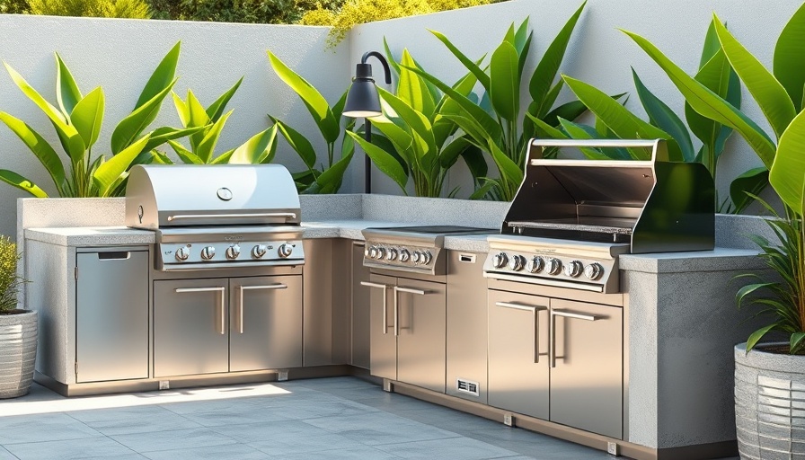 Sleek stainless steel outdoor kitchens on a sunlit patio surrounded by greenery.