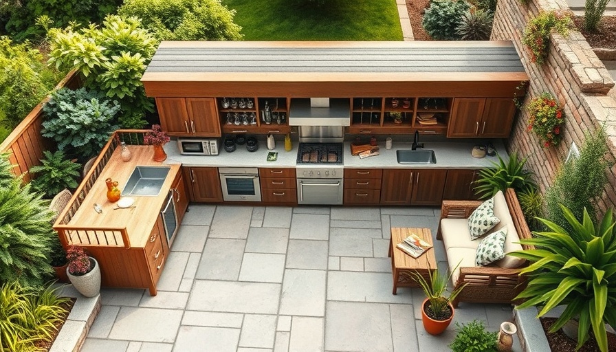 Eco-friendly outdoor kitchen with sleek cabinetry and lush garden.