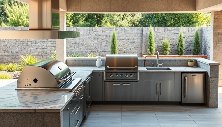 Modern outdoor kitchen countertops with stainless steel appliances.