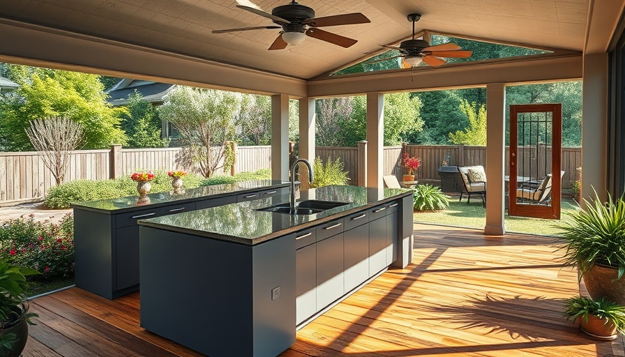 Modern outdoor kitchen style in a screened porch with greenery.