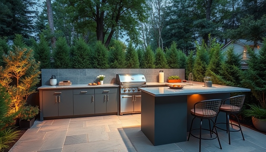 Spacious outdoor kitchen with seating and grill, ideal for planning.