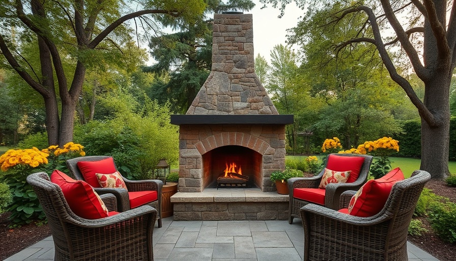 Stunning outdoor fireplace with rustic design surrounded by cozy seating, perfect landscaping inspiration for 'How to Build an Outdoor Fireplace'.