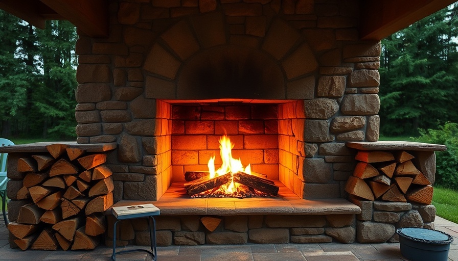 Rustic stone outdoor fireplace surrounded by greenery