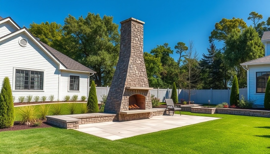 Tall stone outdoor fireplace on a modern patio with lush greenery.