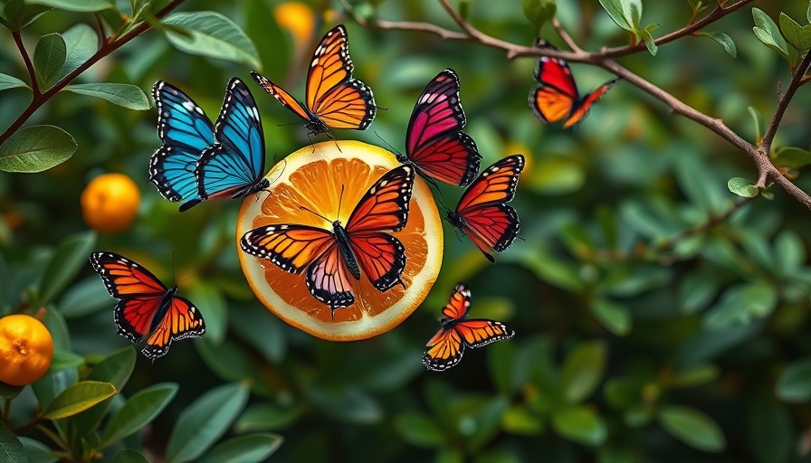 DIY butterfly feeder with butterflies on orange slice in garden.