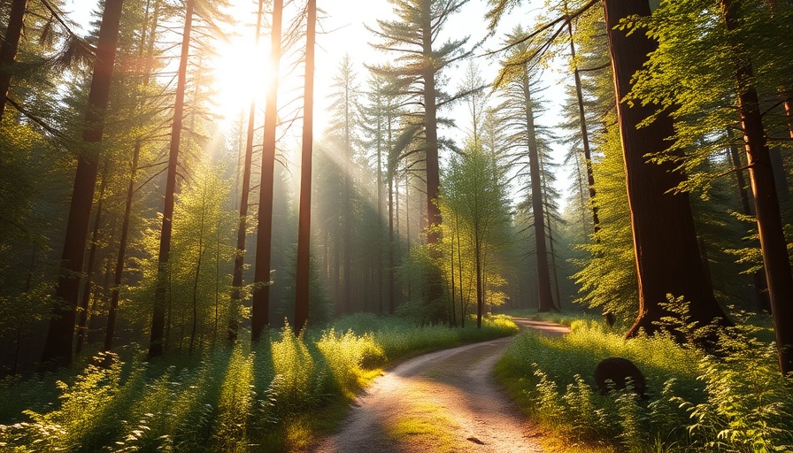 Natural backyard trail idea with sunlit forest path and lush greenery.