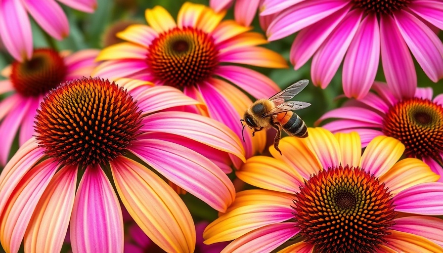 Colorful coneflowers featuring a bee in garden setting.