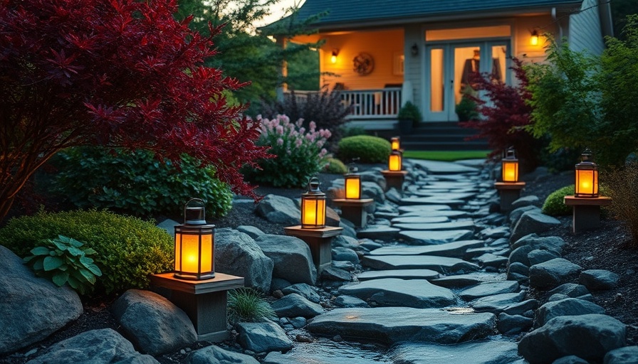 Stunning river rock garden decor with lanterns at twilight.